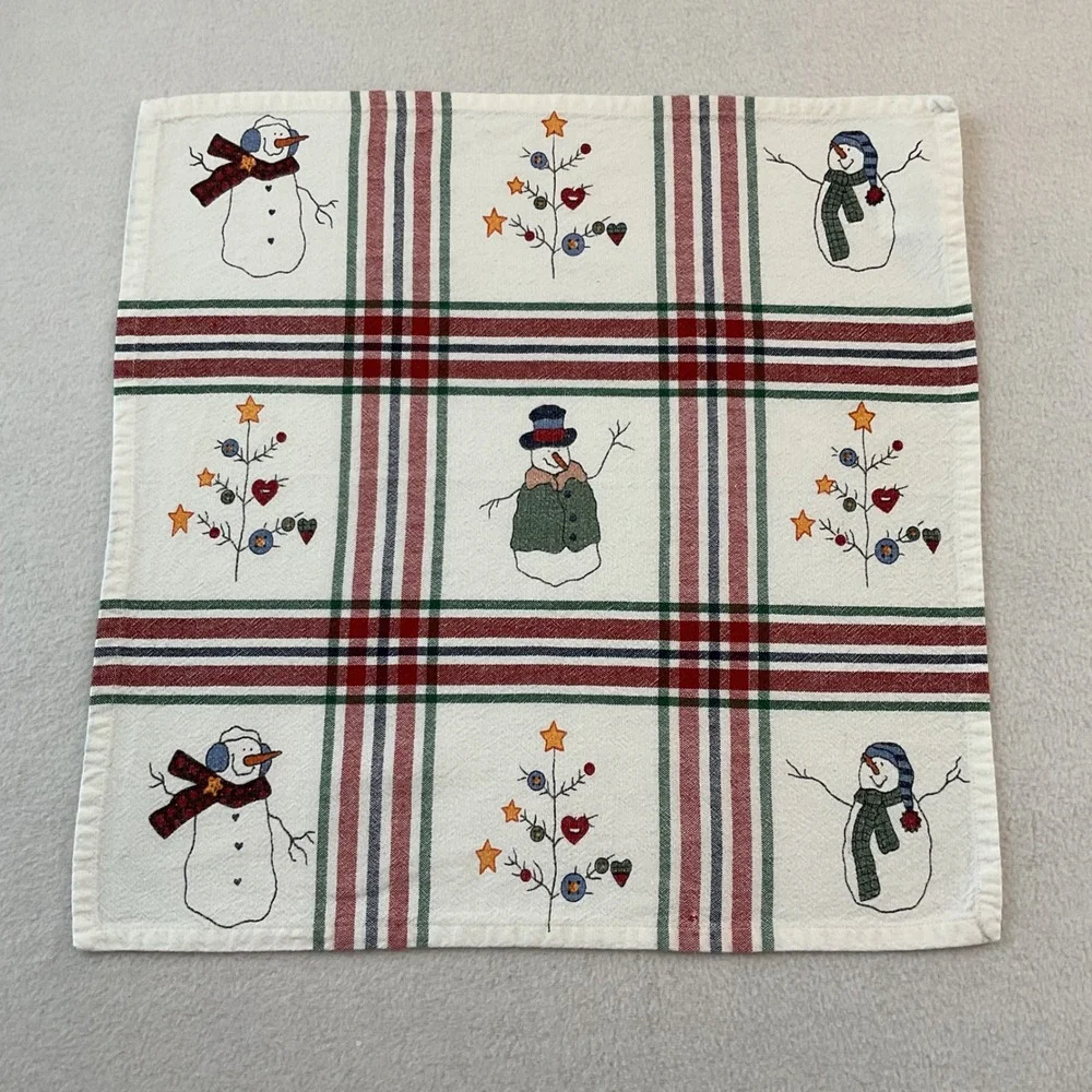St Nicholas Square Snowman Plaid Cotton Napkins Set of 9 White Red Green Holiday